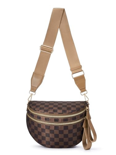 Black and White Checkered Crossbody Bag Bum Bag for Women,Spacious Checkered Purse Fanny Packs Belt Bag (Black Light Brown Checkered) | Amazon (US)