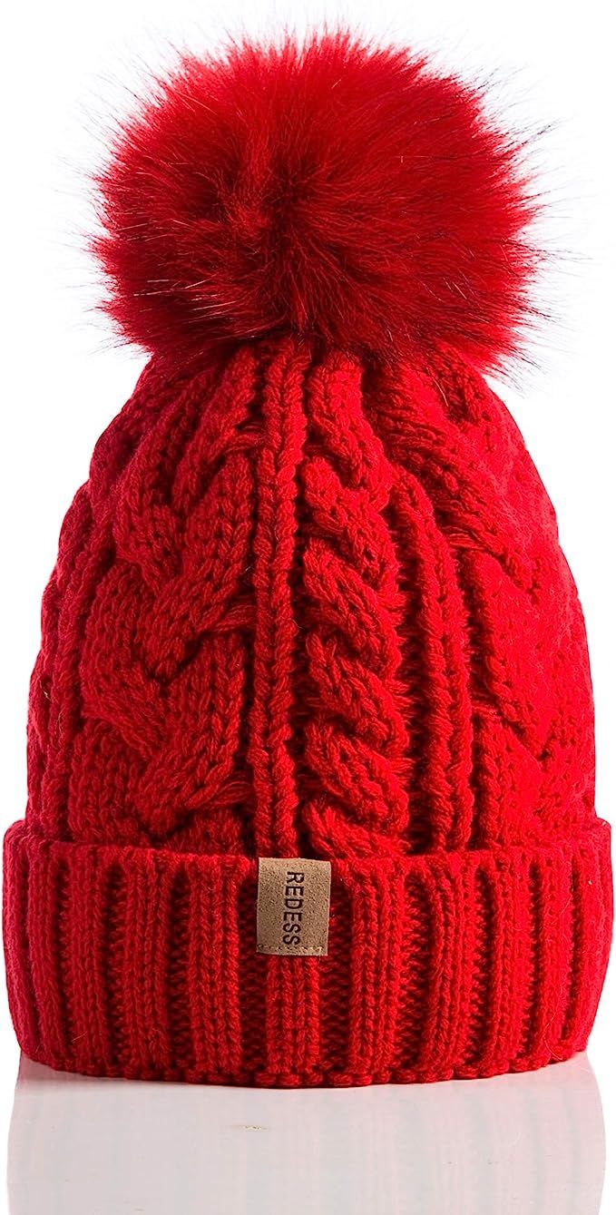 REDESS Women Winter Pom Pom Beanie Hat with Warm Fleece Lined, Thick Slouchy Snow Knit Skull Ski ... | Amazon (US)