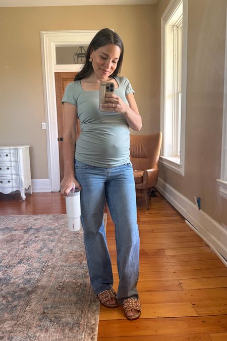 Thicker stretchy top that feels supportive and comfortable. Wearing sz Small. Mango maternity jeans (I cut the length to fit my height.) #pregnancystyle 

#LTKfindsunder50 #LTKsalealert #LTKbump