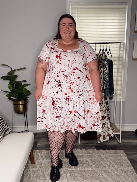 Day 2/5 of Plus Size Halloween Looks! Fishnet Tights from Torrid in a size 5/6, Blood Splatter Mini Dress from Torrid in a size 5 (This blood splatter dress is unfortunately sold out (fingers crossed for a restock!), but don’t worry — I found a VERY similar one that is long sleeve instead at Bloomchic! I’ve linked both of them just in case!), Wide Width Chunky Loafers from Torrid

#LTKplussize #LTKSeasonal #LTKHalloween