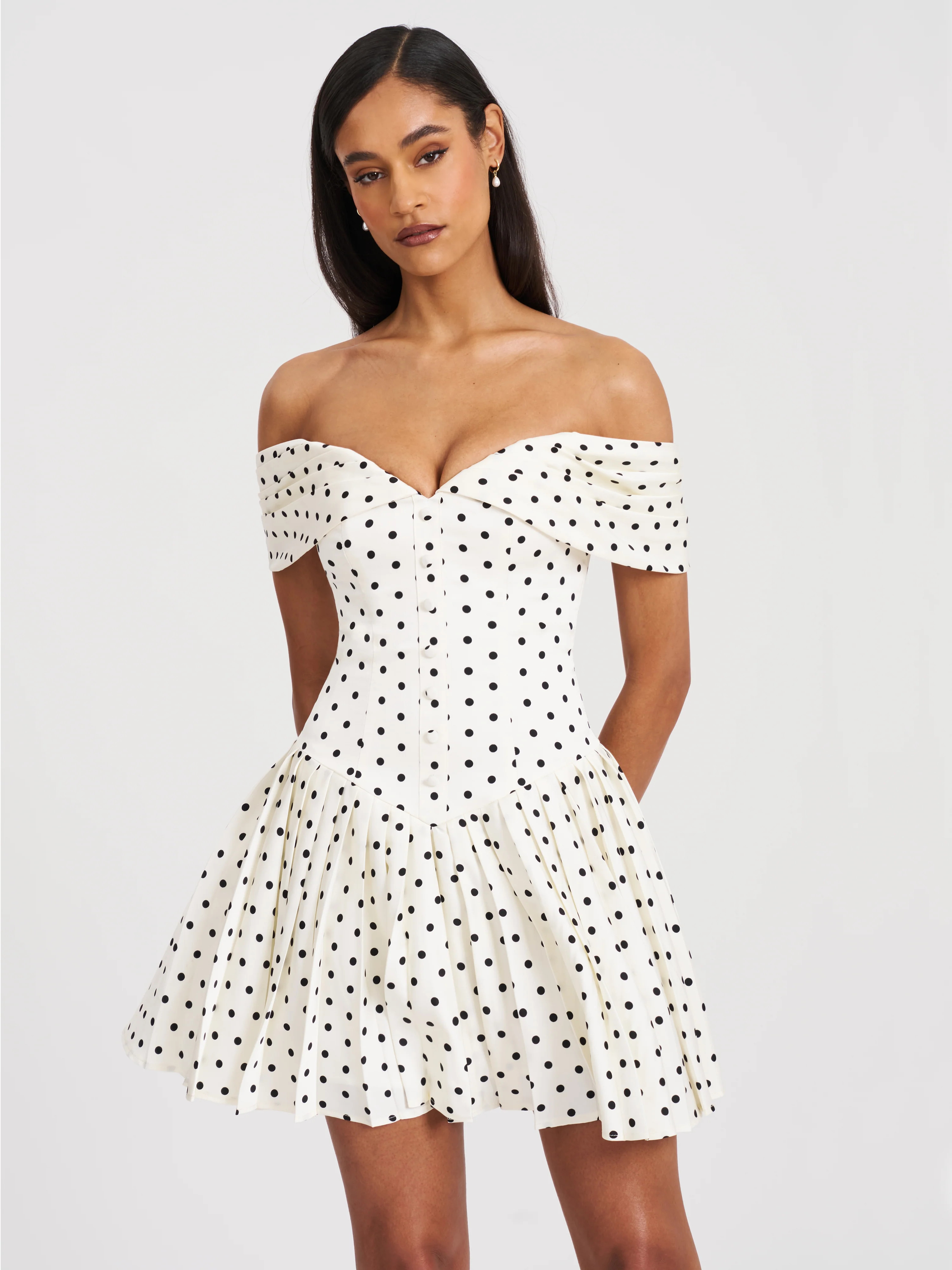 Edeline Polka Dot Off-shoulder Pleated Mini Dress | Miss Circle