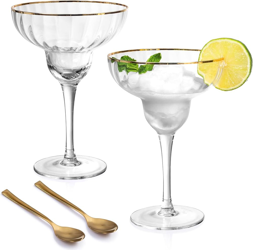 Hand Blown Margarita Glasses - 24K Gold Rim - Set of 2 Margarita & Martini 12 Oz Classic Crystal ... | Amazon (US)