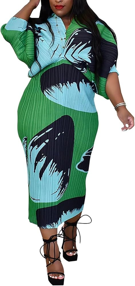 Ptorlio Sexy African Dresses Attire for Women V Neck Floral Pleated Midi Dress Plus Size | Amazon (US)