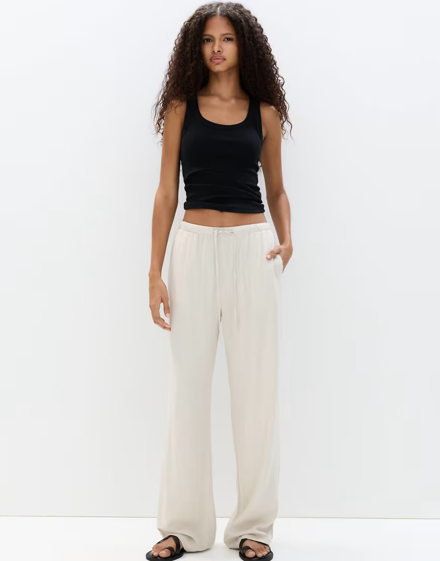 Pull&Bear rustic linen look wide leg trousers in sand-Neutral | ASOS (Global)