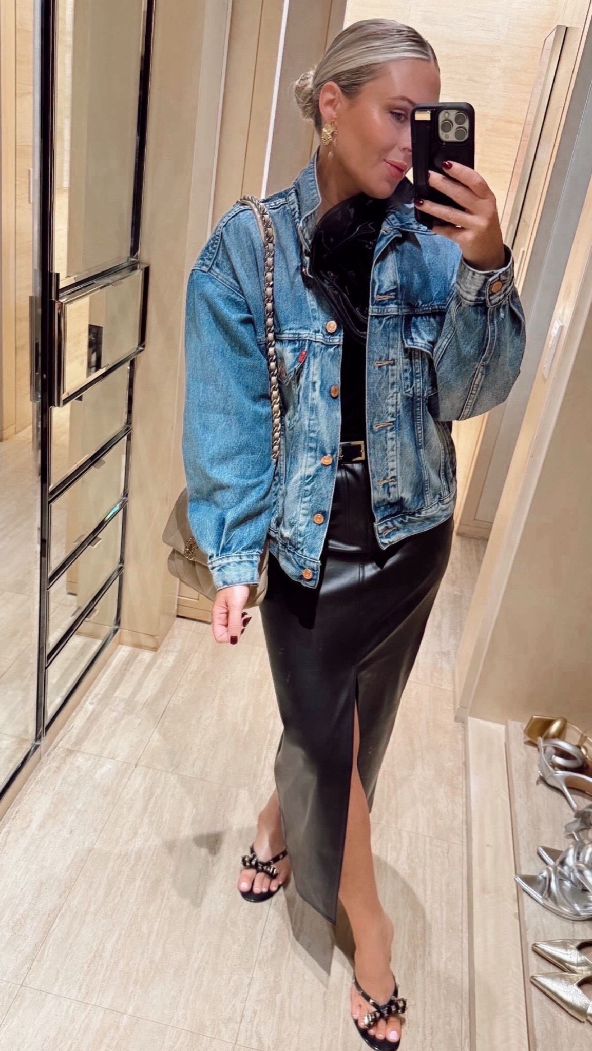 Holiday resort wear look! Linking similar skirts! Wearing all smalls in this look. 

Faux leather. Date night. Denim jacket. Holiday style. Faux leather. 

#LTKSeasonal #LTKHoliday #LTKOver40