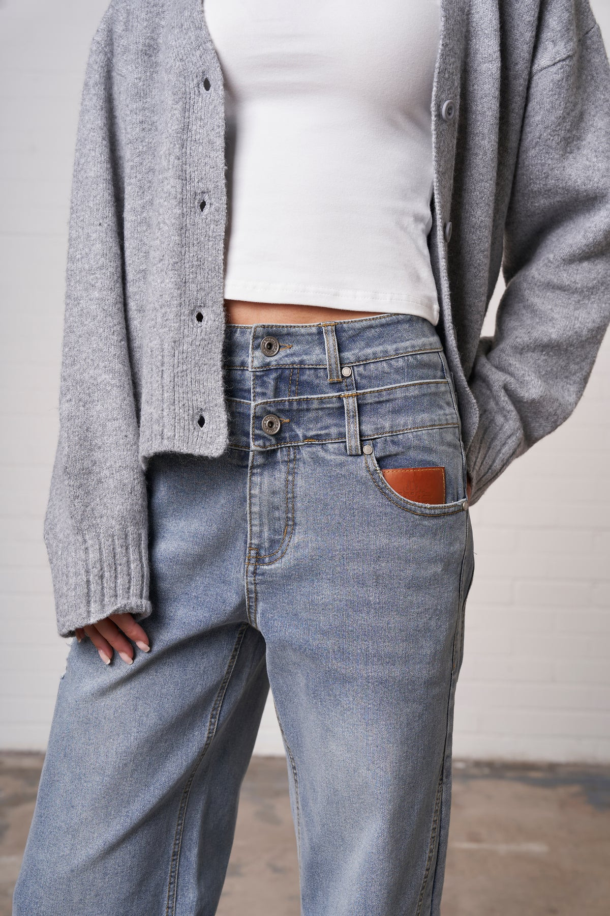 DISTRESSED DOUBLE WAISTBAND JEANS - BLUE WASH | The Couture Club
