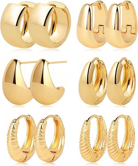 Gold Hoop Earrings Set 14k Gold Plated Huggie Earrings Chunky Twisted Thick Jewelry for Multiple ... | Amazon (US)