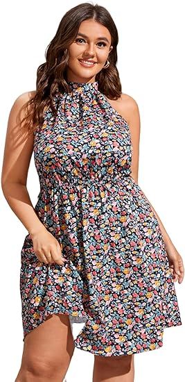 WDIRARA Women's Plus Size Ditsy Floral Halter Sleeveless High Waist Short Keyhole Back Dress | Amazon (US)