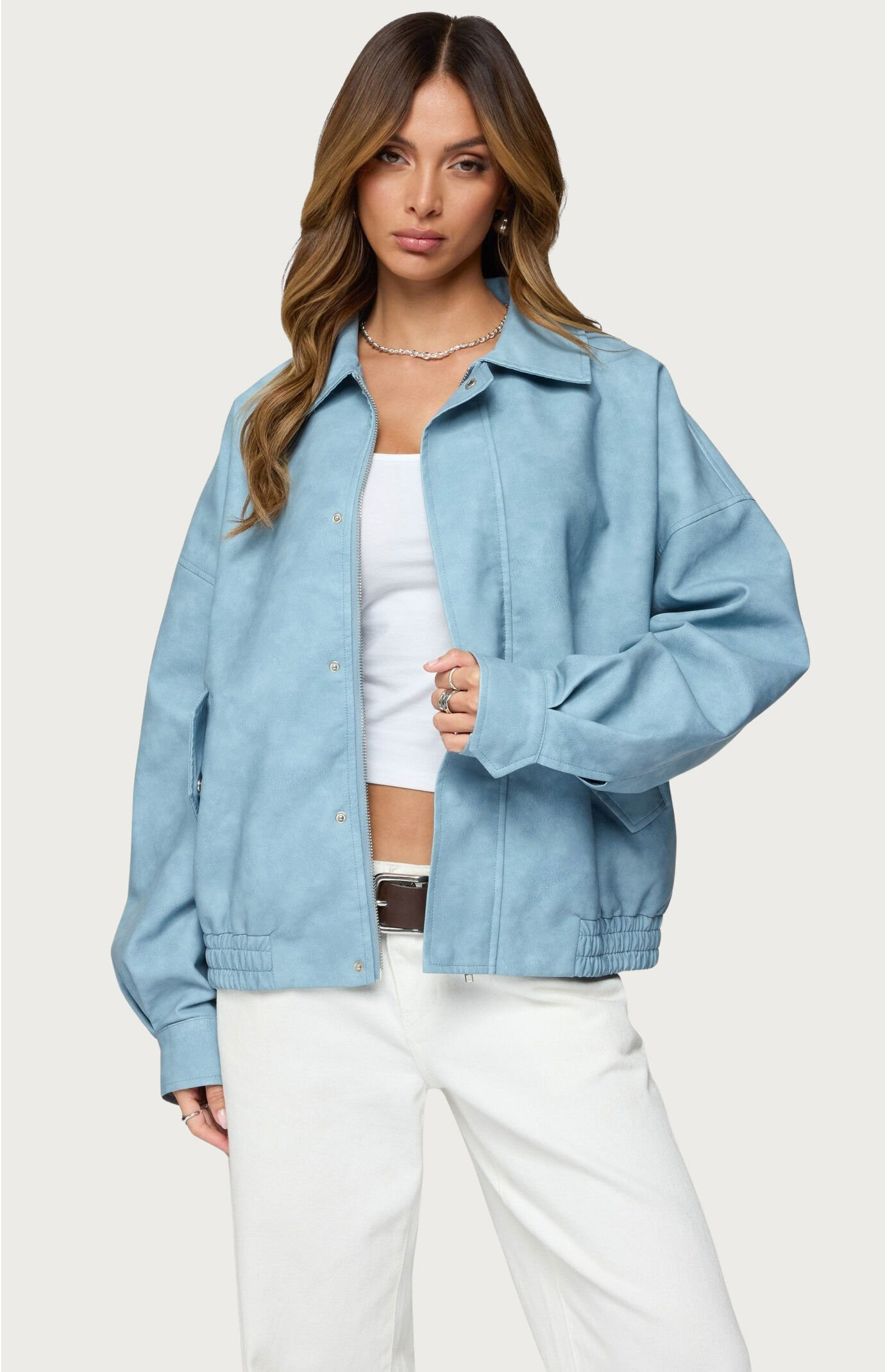 Edikted Women's Oversized Washed Faux Leather Jacket in Light Blue - Size XL | PacSun