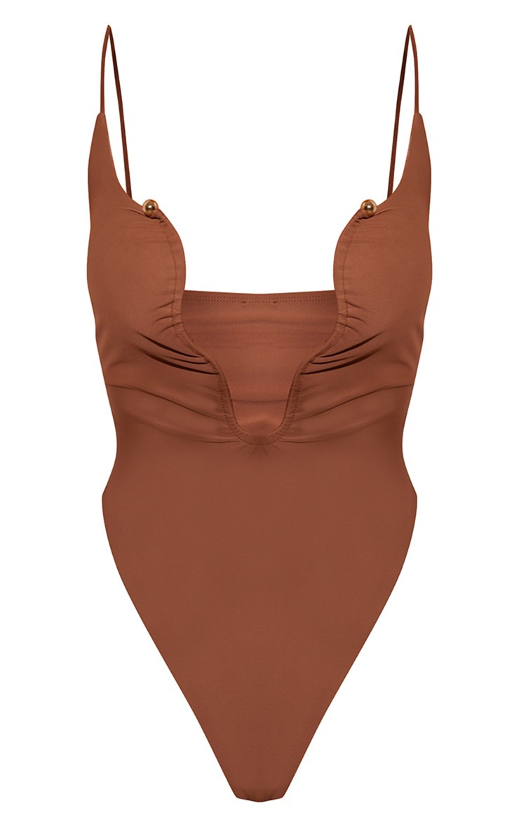 Brown Trim Detail Plunge High Leg Swimsuit | PrettyLittleThing US