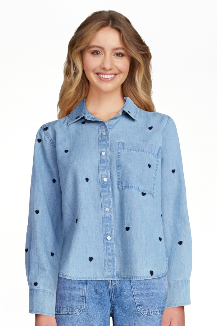 Free Assembly Women's and Women’s Plus Embroidered Hearts Denim Shirt with Long Sleeves, Sizes ... | Walmart (US)