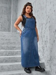 SHEIN SXY Plus 1pc Slant Pocket Denim Overall Dress SKU: sf2210228678785173(100+ Reviews)Cotton$2... | SHEIN
