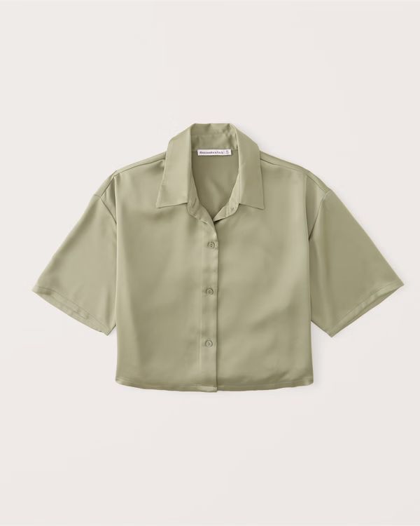 Women's 90s Cropped Boxy Satin Button-Up Shirt | Women's New Arrivals | Abercrombie.com | Abercrombie & Fitch (US)