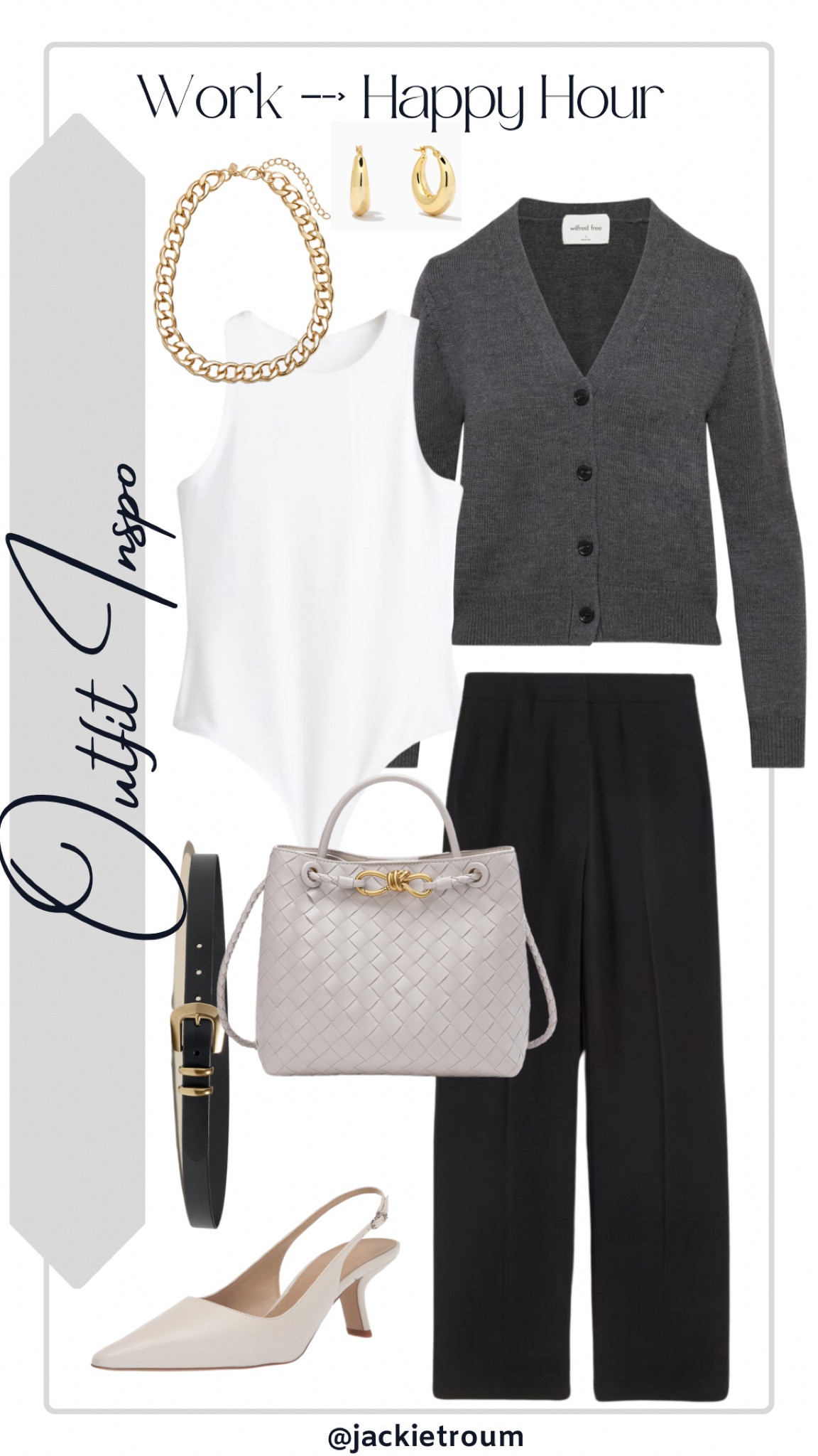 A work to happy hour look

White Bodysuit & Black Wide Leg Pants: H&M
Grey Wool Cardigan: Aritzia
Gold Hoop Earrings: Uncommon James
Black Belt & Thick Gold Chain Necklace: Banana Republic
Grey Top Handle Bag: Tiffany & Fred Paris
Grey Sling Pump: Sam Edelman

#LTKSeasonal #LTKover40 #LTKworkwear