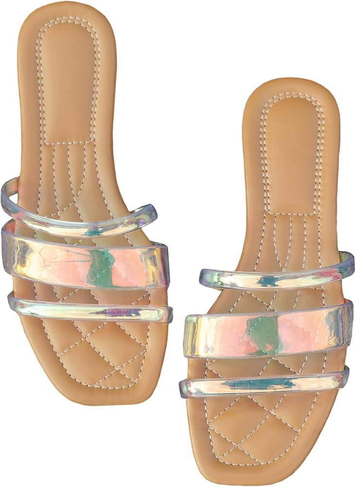 OYOANGLE Women's Metallic Open Toe Strappy Sandals Slip On Slide Summer Casual Shoes | Amazon (US)