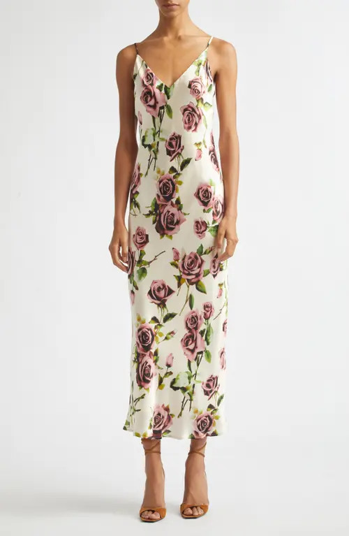 L'AGENCE Seridie Silk Midi Slipdress in Ecru/mv Romantic Rose at Nordstrom, Size 0 | Nordstrom