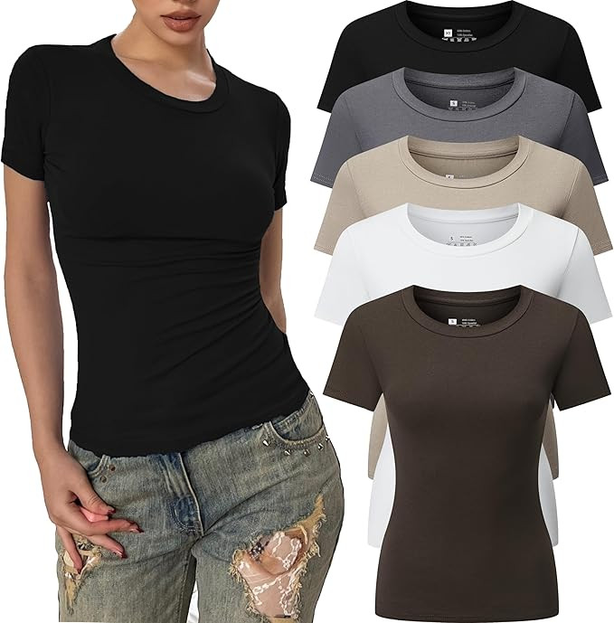 5pcs Women's Ribbed Short Sleeve Slim Fit T Shirt Crew Neck Bodycon Crop Tunics Going Out Tops | Amazon (US)