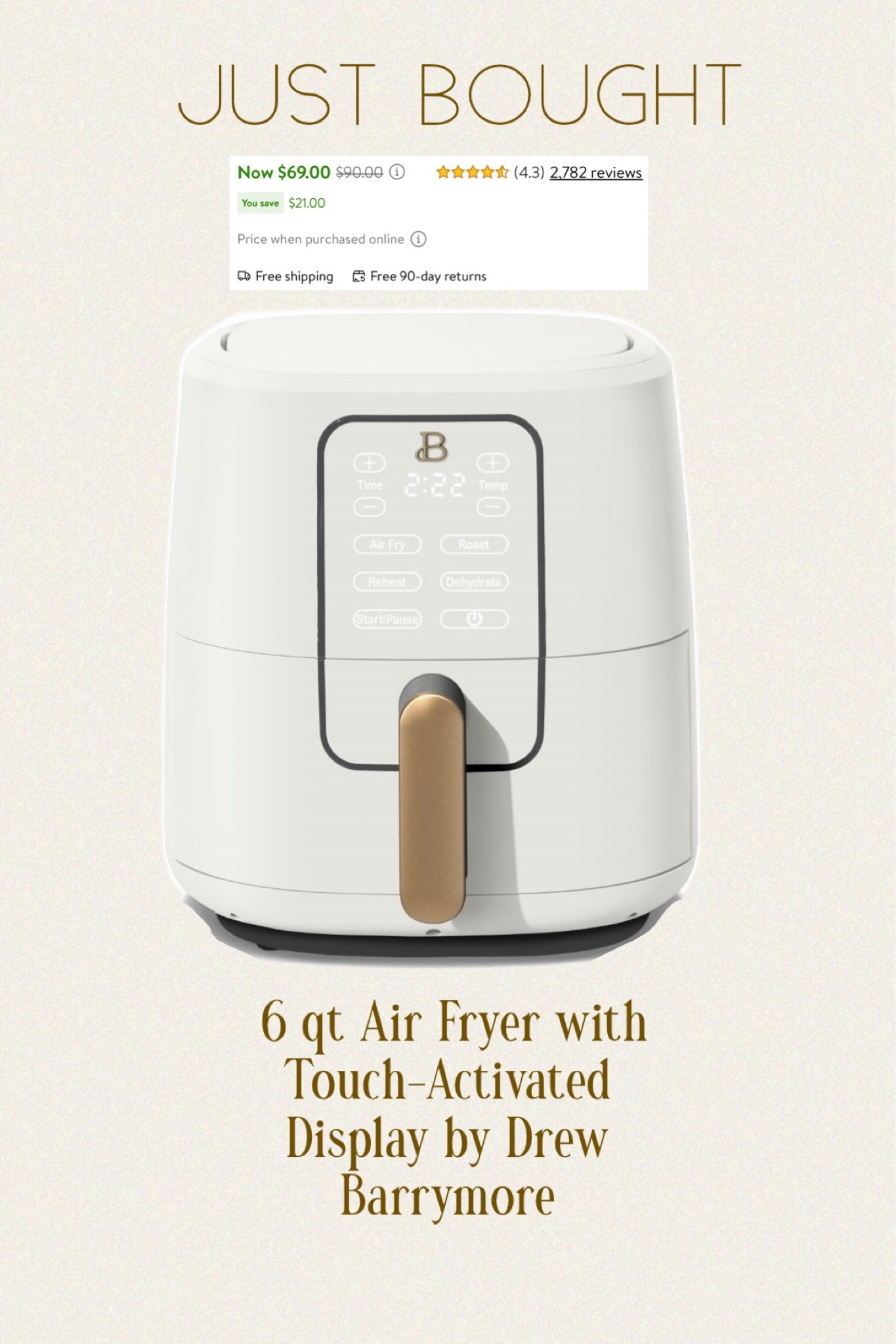 Beautiful 6 qt Air Fryer with Touch-Activated Display - White Icing by Drew Barrymore on sale! I just bought it and came wait for my new addition in kitchen. I love cooking and we using air fryer every day and our just broke. 

#kitchen #cooking #drewbarrymore #airfryer #walmart

#LTKfamily #LTKhome #LTKsalealert