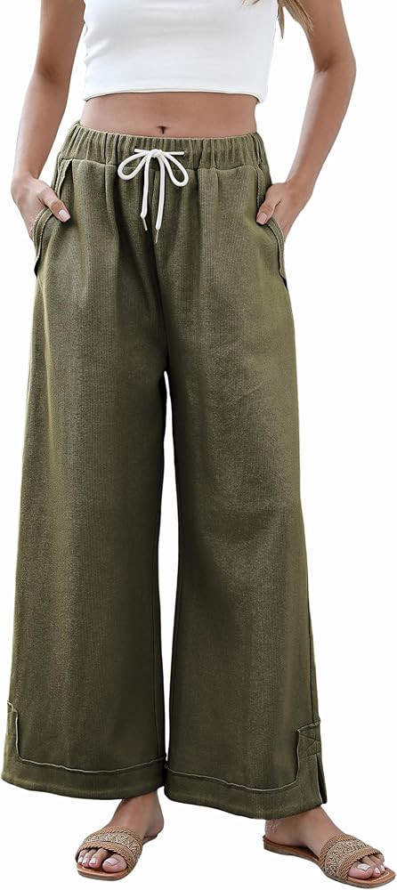 Springrain Womens Baggy Wide Leg Pants Casual Loose Cotton Drawstring Elastic Waisted Palazzo Pan... | Amazon (US)