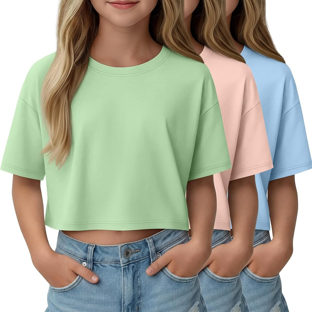 3 Pack Girls Short Sleeve Crop Tops Kids Oversized Crew Neck Cropped Athletic T Shirts Basic Tees... | Amazon (US)