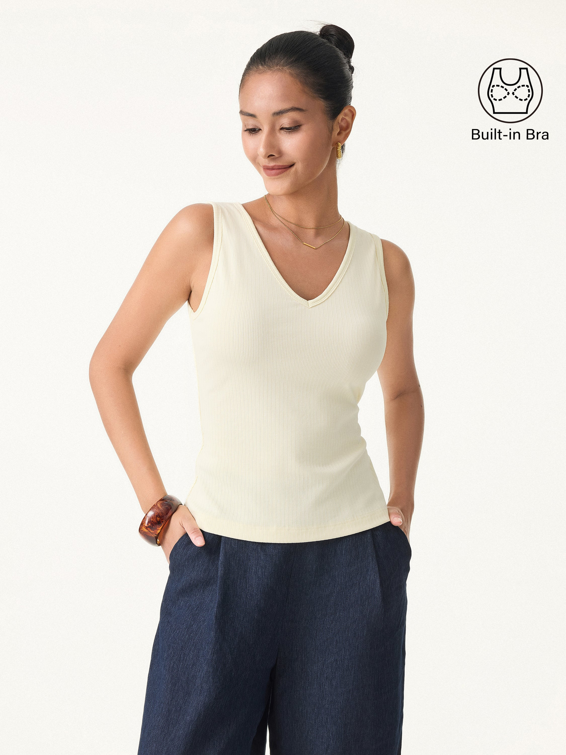 Stretch Cotton Pointelle V-neck Sleeveless Bra Tank | OGLmove