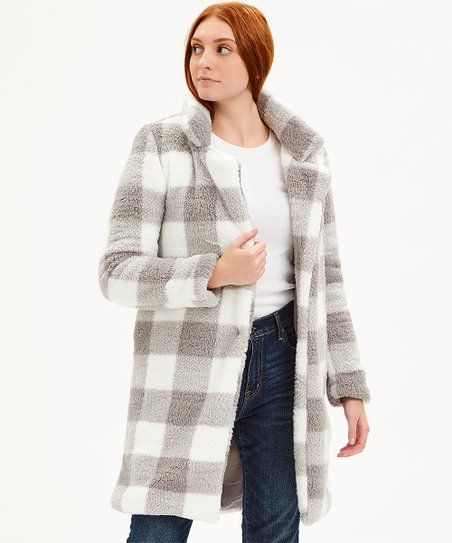 Light Gray & White Buffalo Check Faux Sherpa Coat - Women & Plus | Zulily