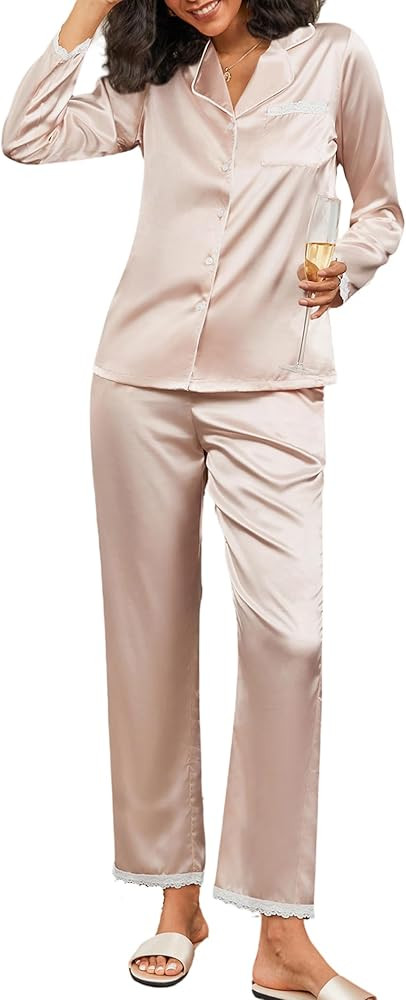 Ekouaer Satin Pajamas for Women Silk Long Sleeve Sleepwear Button Down Loungewear 2 Pieces Lace S... | Amazon (US)
