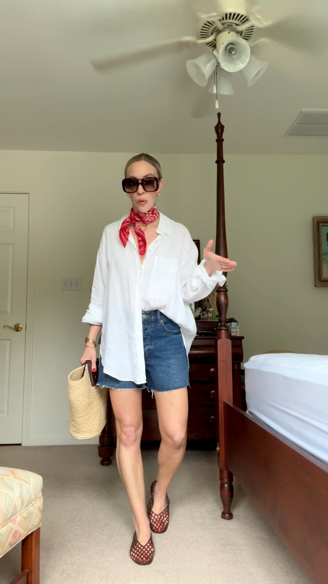 Fourth of July outfit, casual summer outfit, white linen shirt, red bandana scarf, jelly shoes, straw tote bag

#LTKdayinmylife #LTKootd #LTKSeasonal