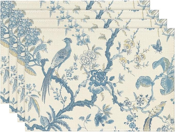 Artoid Mode Bird Floral Leaves Chinoiserie Placemats Set of 4, 12x18 Inch Branches Spring Table M... | Amazon (US)