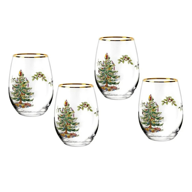 Spode Christmas Tree 19oz Stemless Wine Glasses, Set of 4 - Vintage-Inspired Holiday Drinkware wi... | Walmart (US)