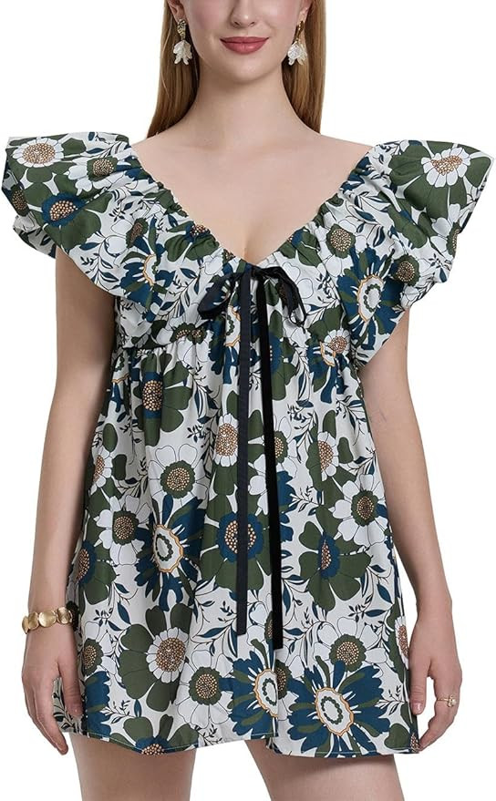 Women Y2k Floral Print Mini Dress Boho V Neck Puff Sleeve Short Dress Bow Tie Flowy Dress Beach S... | Amazon (US)