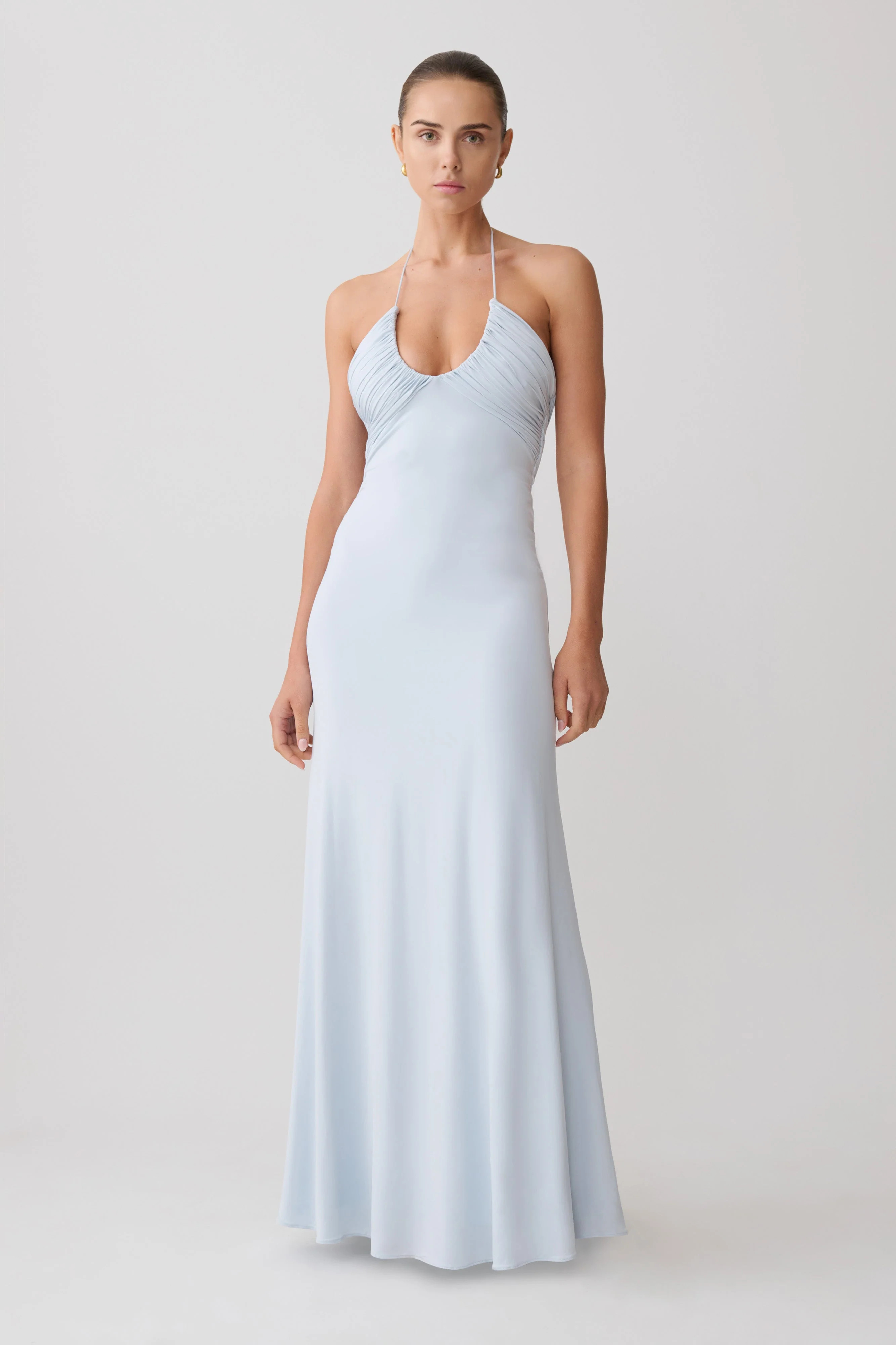 Gathered Slinky Maxi Dress - Pale Blue | MESHKI US
