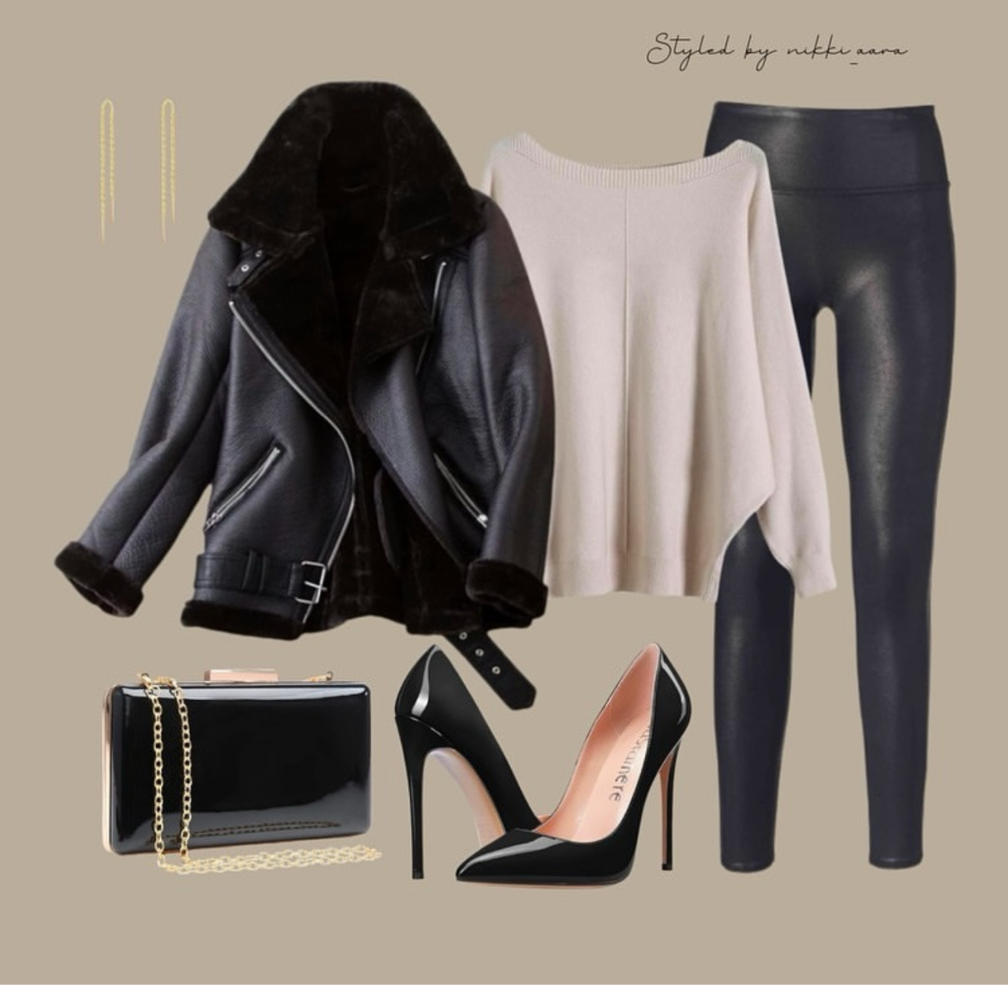 ❄️Winter glam alert! 🚨 Slay the cold in style with this fierce faux shearling moto leather jacket! 🧥✨ Pair it with high-waisted PU leather leggings for that sleek silhouette. 👖 Add a cozy touch with a lightweight oversized boat neck sweater – comfy meets chic! 🧶

Accessorize like a boss with dangle chain earrings that scream sophistication. 💎 Step into the night with high heel pump slip-on stilettos – because who said winter can't be hot? 👠🔥 Don't forget the perfect evening clutch to hold all your secrets (and lipstick)! 👛💄

From street to soirée, this look has you covered! Who's ready to turn the sidewalk into their runway? 
Scroll down to SHOP and FOLLOW for more 🫶

#LTKstyletip #LTKwinter #LTKcanada