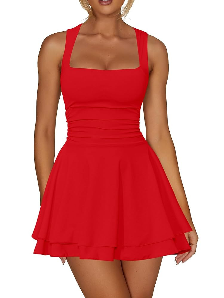Kaximil Women's Square Neck Ruffle Hem Mini Dress Ruched Waist Short Party Dresses | Amazon (US)