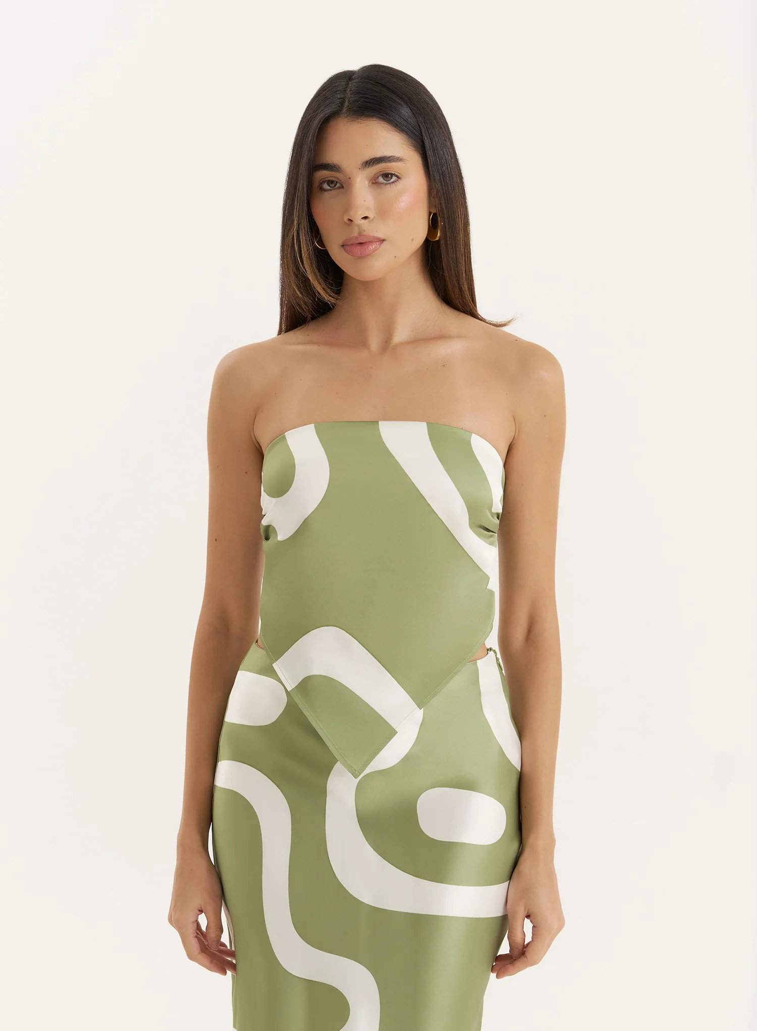 Green Abstract Print Satin Bandeau Top- Iris | 4th & Reckless