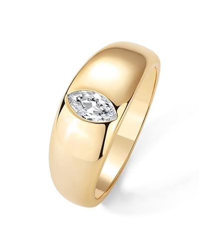PAVOI 14K Gold Plated Chunky Dome Statement Ring for Women | Marquise Cubic Zirconia Dome Ring | Thick Stackable Band (Yellow Gold, 8) | Amazon (US)