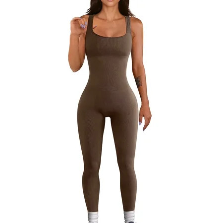 ALSLIAO Womens Ribbed Tank Tops Rompers Sleeveless Exercise Yoga Jumpsuits Brown XL | Walmart (US)
