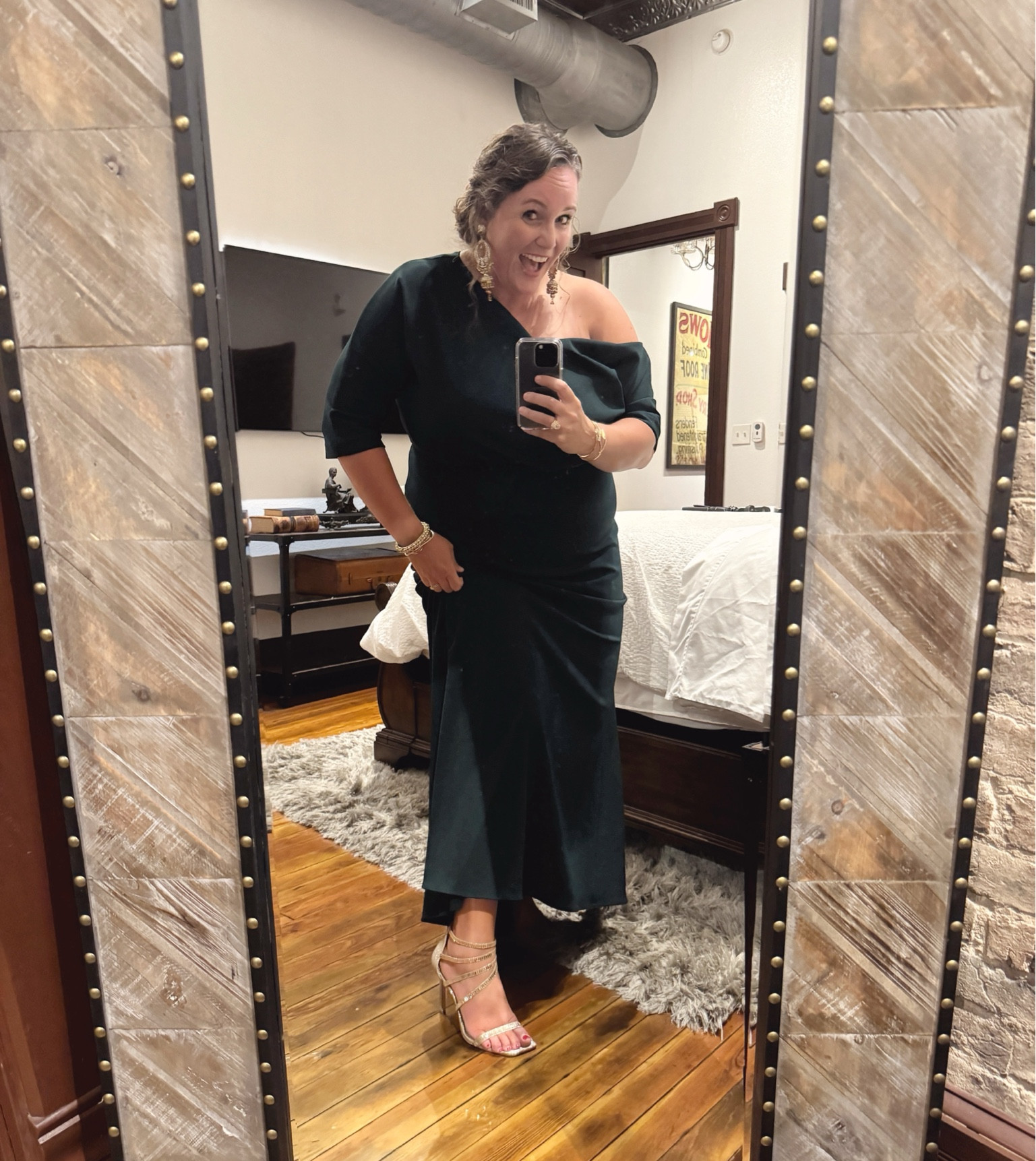 This dress is perfect as a closet staple, but also a go to for any formal occasion. I dressed it way up with large gold jewelry and sparkly shoes! The green is perfect for the upcoming holidays as well. It’s such a classic silhouette, I’ll be using this dress for years to come. 