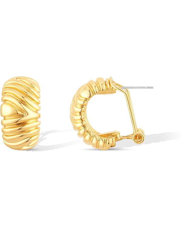 CoBi 18K Gold Plated Silver Chunky Earrings for Women, Vintage Textured Ribbed Huggie Hoop Earrin... | Amazon (US)