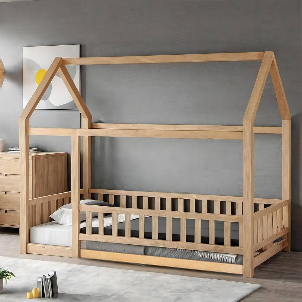 Twin Size Floor Bed, Wood Montessori House Bed Frame with Fence, House Floor Bed for Kids, Boys a... | Amazon (US)
