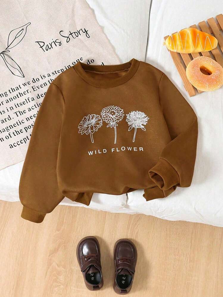 TrendsBaby Girls' Casual Comfortable Fashion Letter Floral Pattern Fleece Sweatshirt | SHEIN
