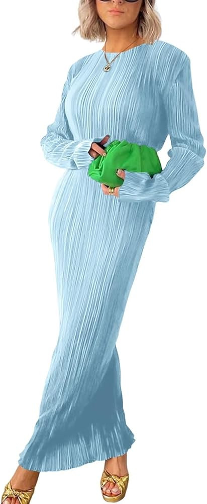 Annystore Women's Long Sleeve Loose Dress Pleated Crew Neck Slim Bodycon Plain Casual Maxi Dresse... | Amazon (US)