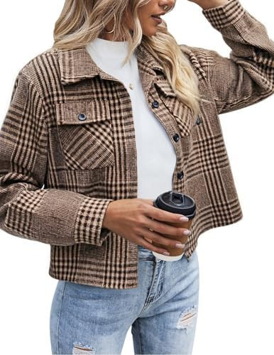 Zeagoo Flannels for Women Cropped Shacket Jacket Fashion Plaid Button Down Shirt 2025 Fall Coat T... | Amazon (US)