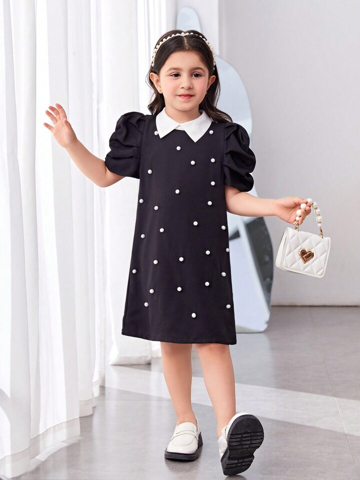Young Girl's Collar Stand & Colorblock Bubble Sleeve A-Line Dress With Stud Detail | SHEIN