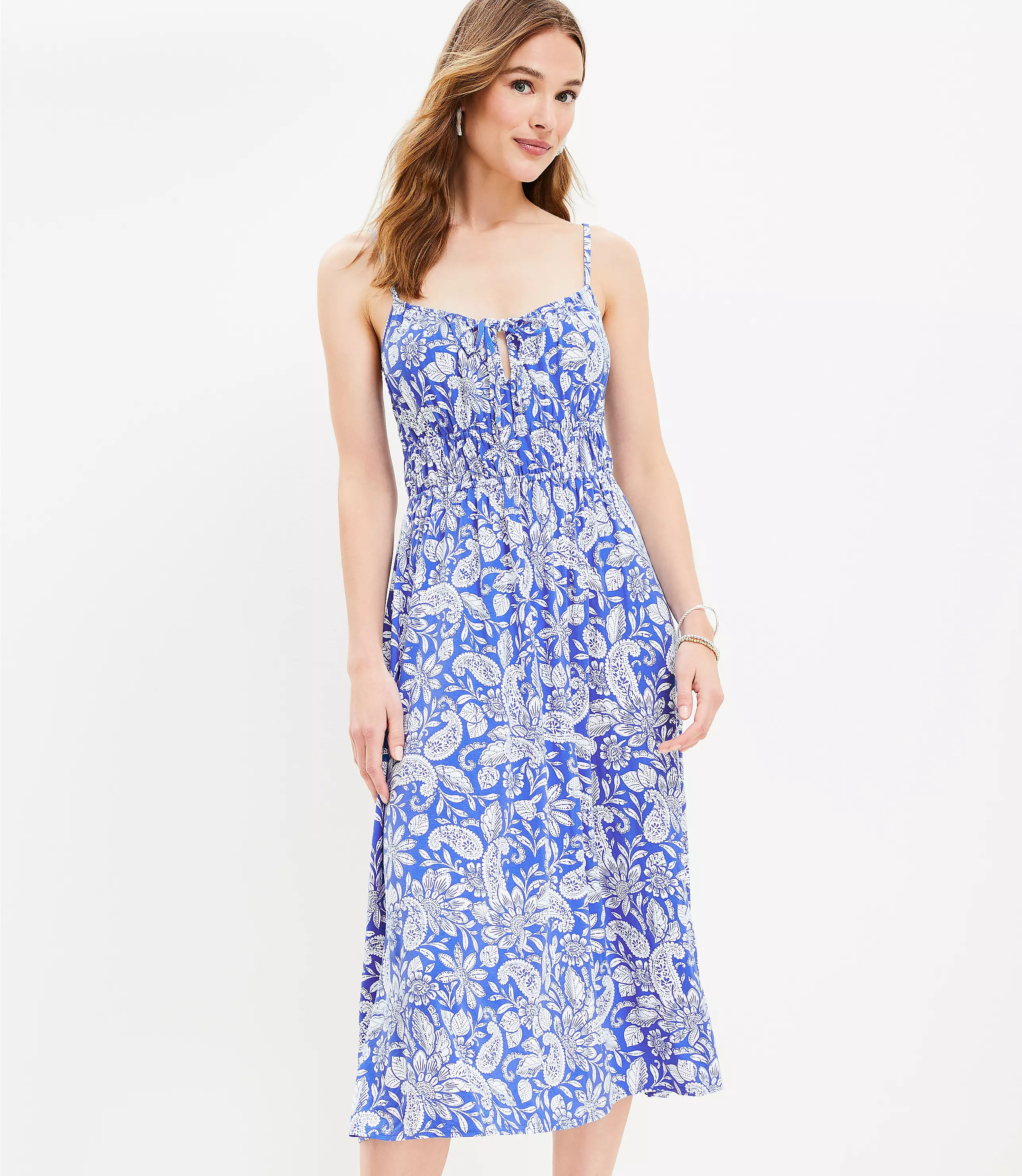 Paisley Tie Neck Strappy Midi Dress | LOFT