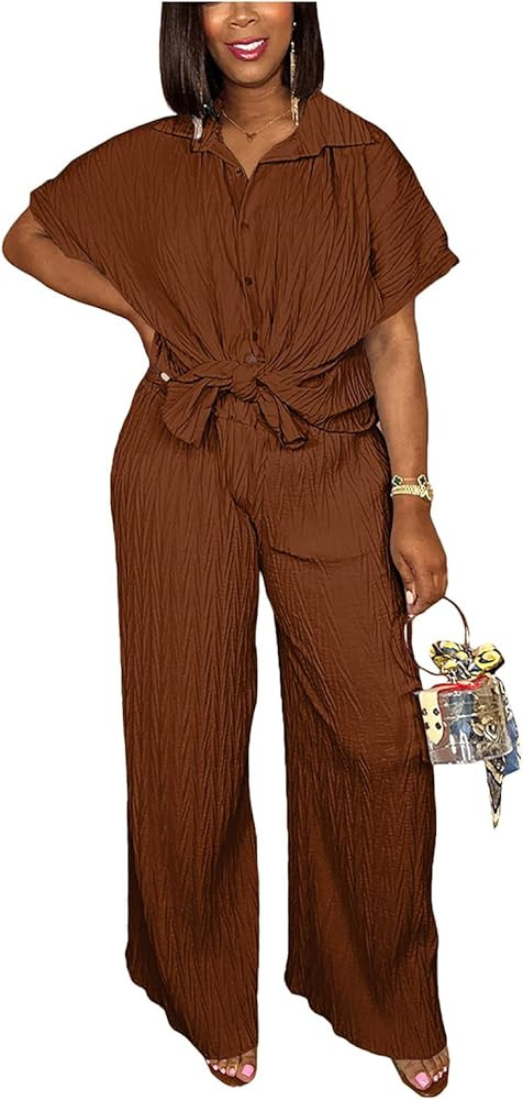 Casual Two Piece Set for Women - Button Down Shirt and Wide Leg Pants Matching Set Tracksuits | Amazon (US)