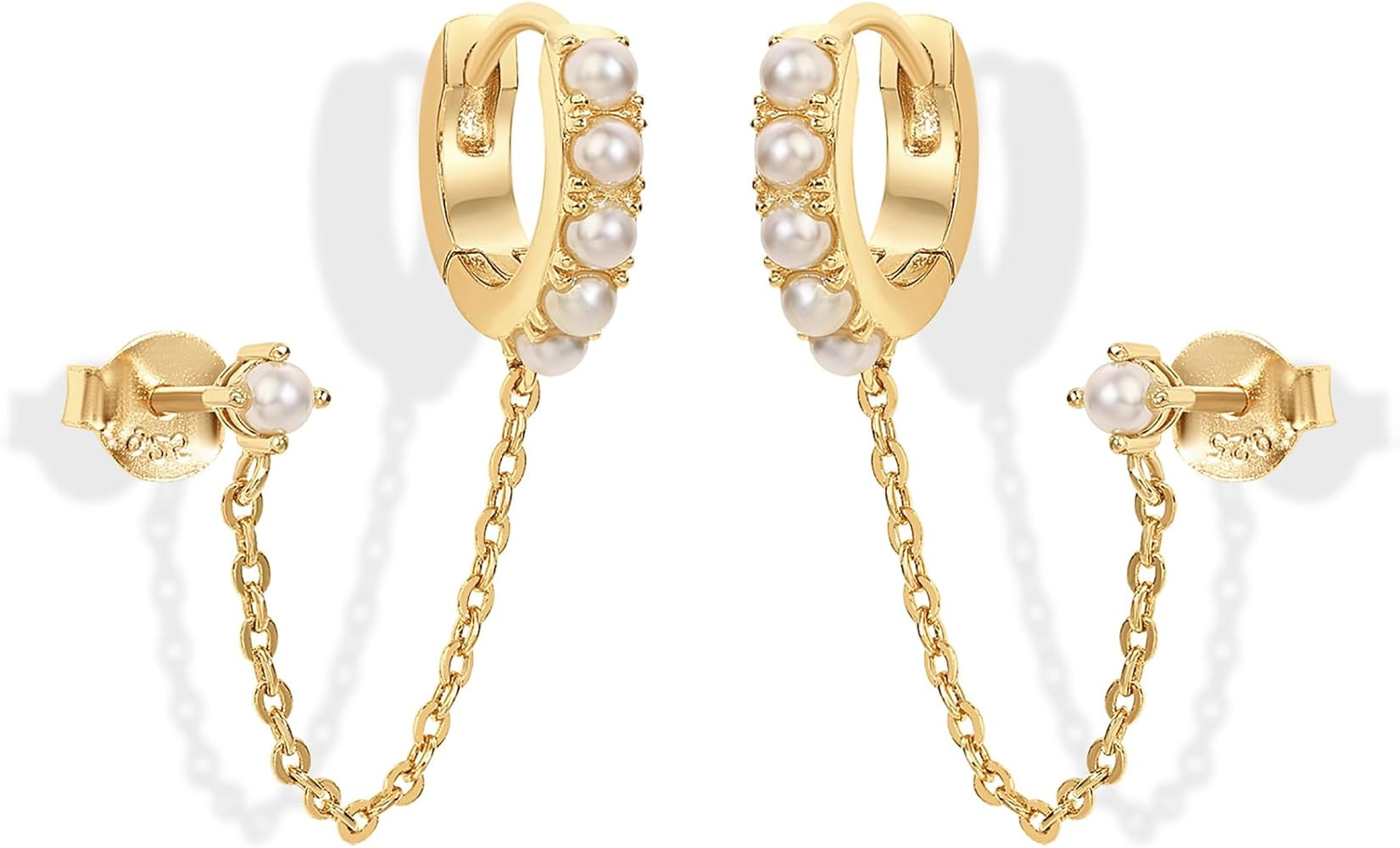 PAVOI 14K Gold Chain Earrings for Women | Double Piercing Dangle Chain Huggie Hoop Earrings | Cub... | Amazon (US)