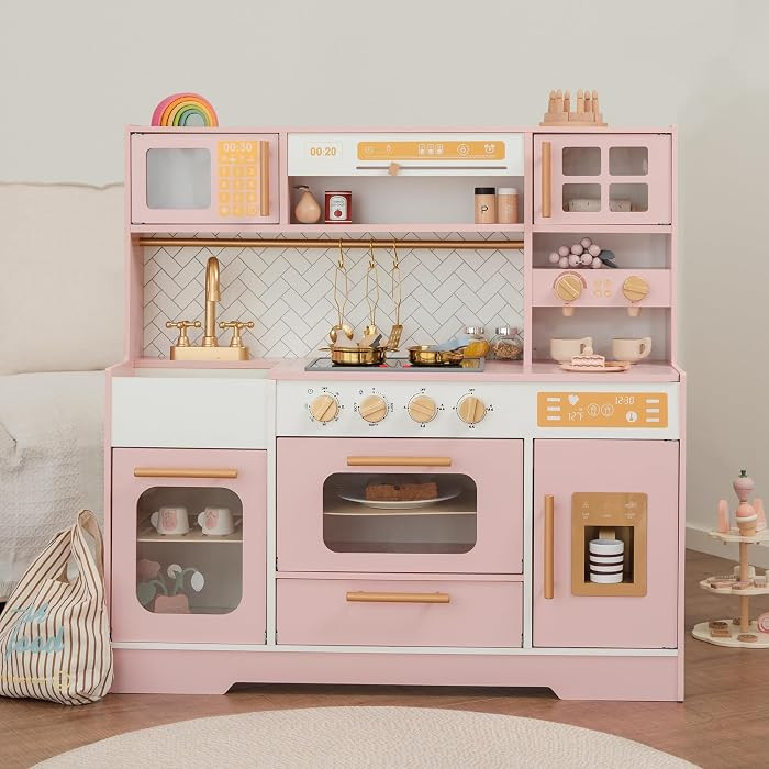 Wooden Play Kitchen for Kids, Pretend Play Toy Kitchen Set (Ages 3+) Pink | Amazon (US)
