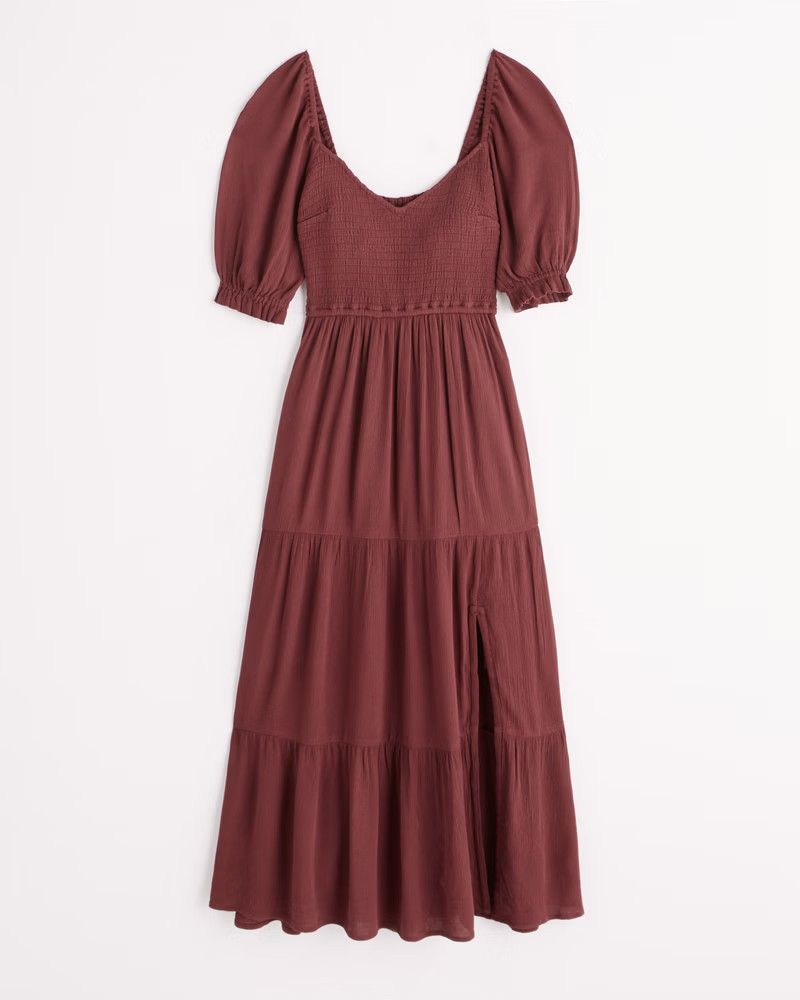 Short-Sleeve Smocked Midi Dress Burgundy Dress Dresses Abercrombie Dress Summer Dress Outfits  | Abercrombie & Fitch (US)