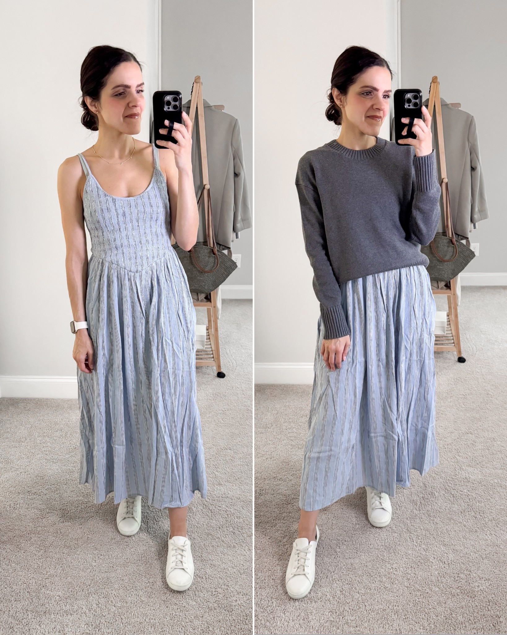 What I wore —
• Aerie smocked drop waist dress - wearing XS 
• Everlane crewneck sweater - wearing XS
• Freda Salvador sneaker - tts 

#LTKStyleTip